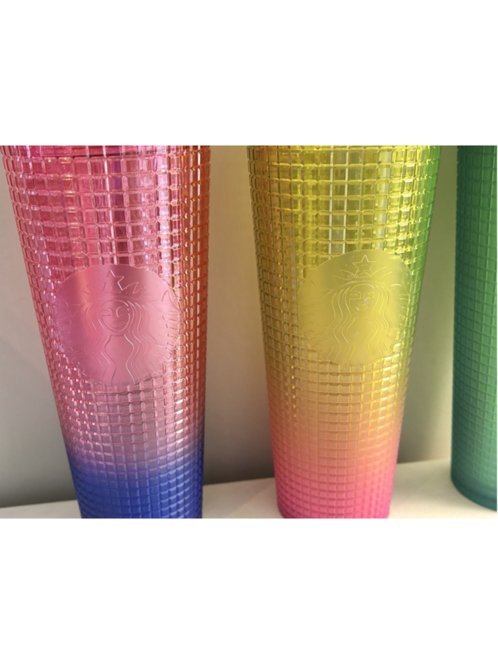 Lot (3) Starbucks Tumbler 24 oz Venti Iridescent Ombré Grid Vibrant Pink Green + - Picture 3 of 12